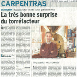 Article de presse Les Cafés d'Antan Vaucluse Matin 19 Avril 2016